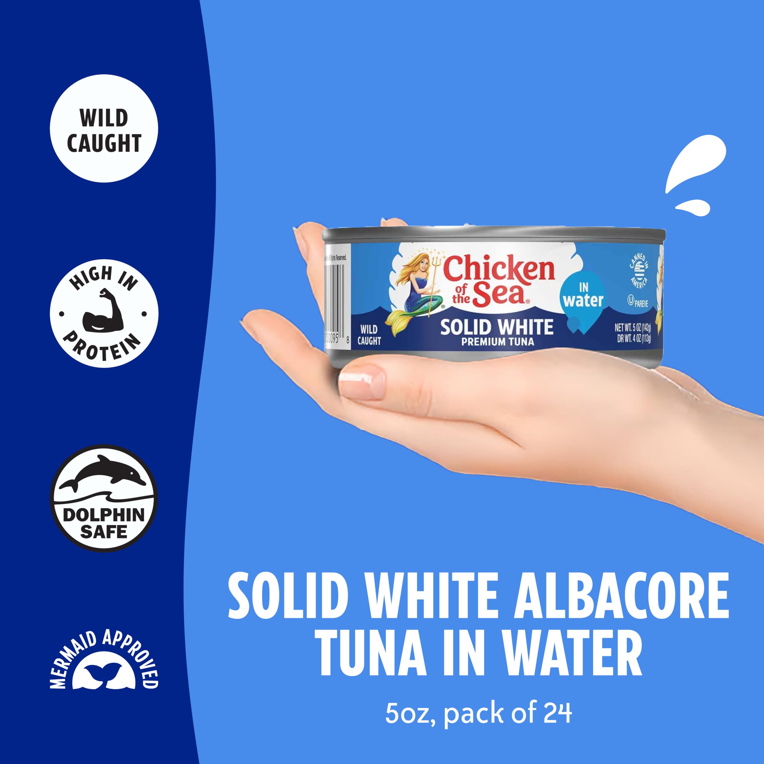 Chicken of the Sea tuna can close-up reveals firm, flaky texture