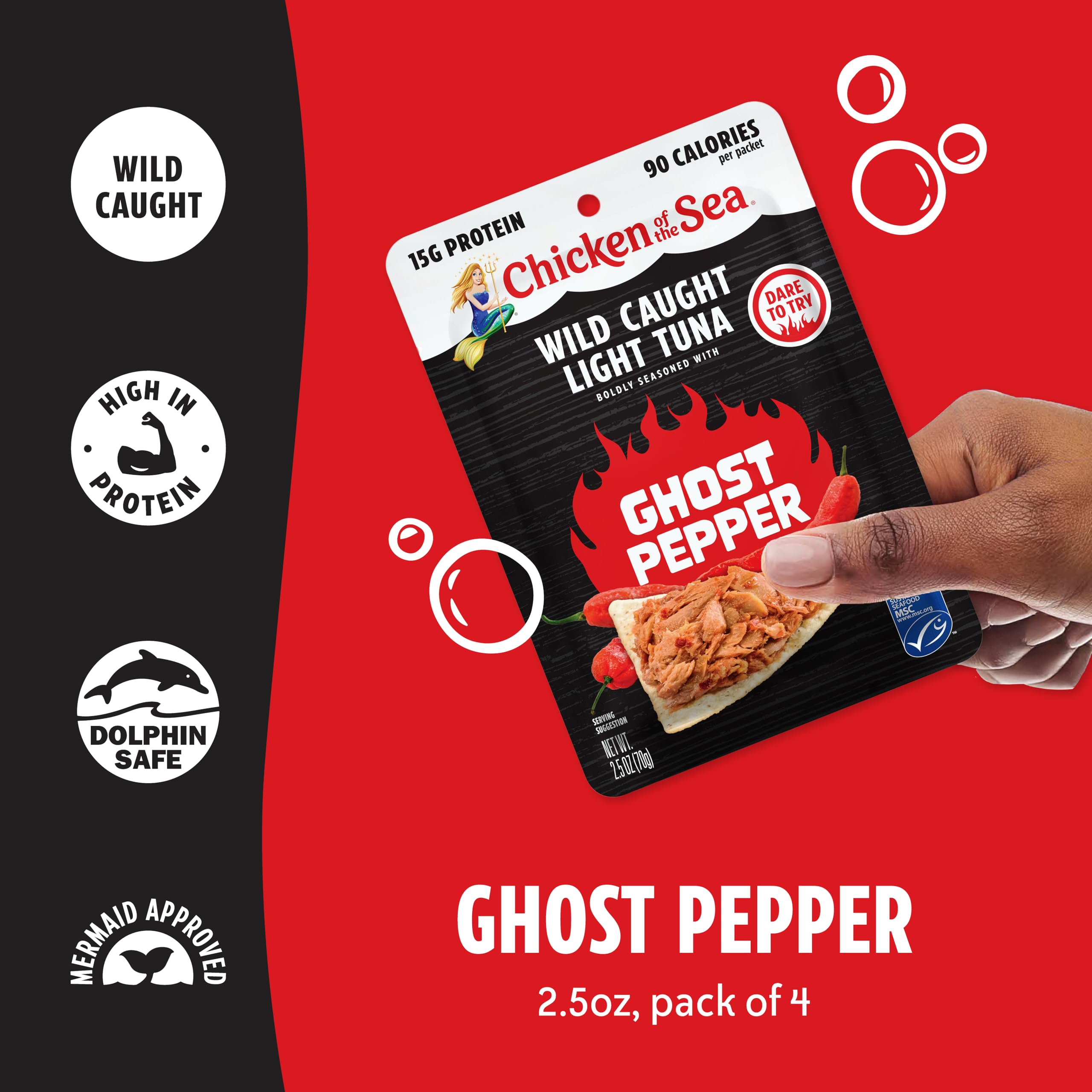 Chicken of the Sea tuna in water pouch highlights convenient tear-and-go use.