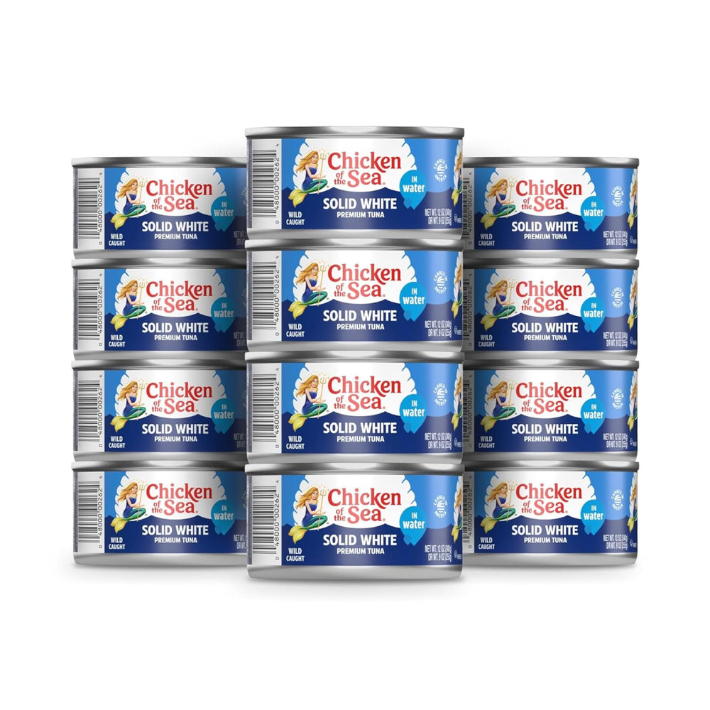 Chicken of the Sea wild-caught albacore tuna in water, solid filet close-up, protein-rich meal option.