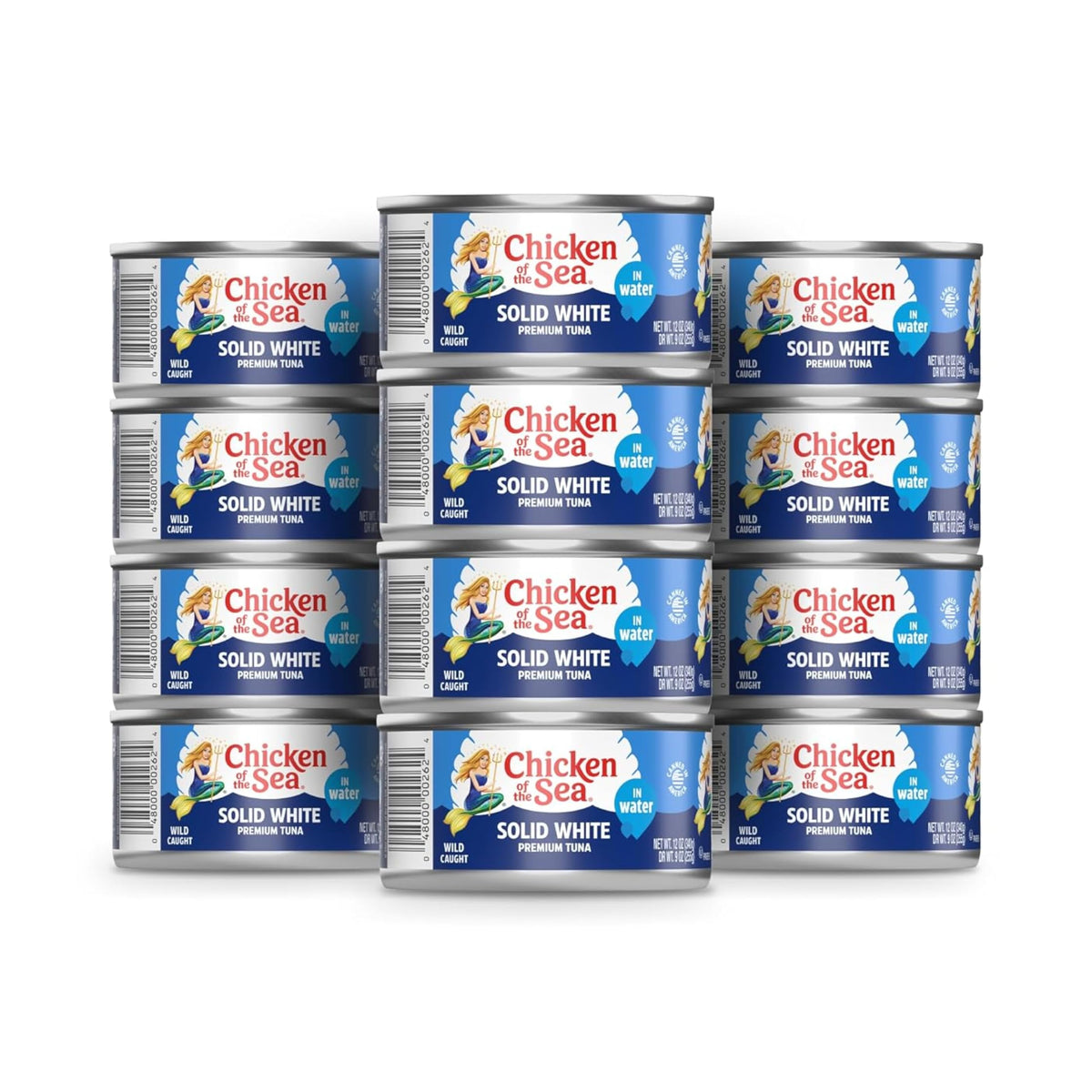 Chicken of the Sea wild-caught albacore tuna in water, solid filet close-up, protein-rich meal option.