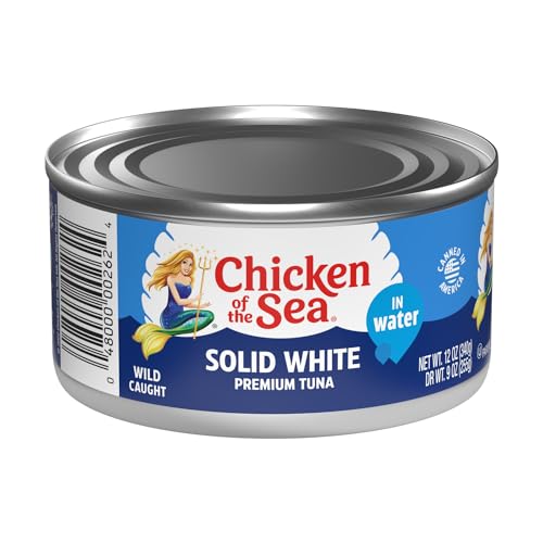 Chicken of the Sea tuna in water can with label close-up—sustainability claim visible.