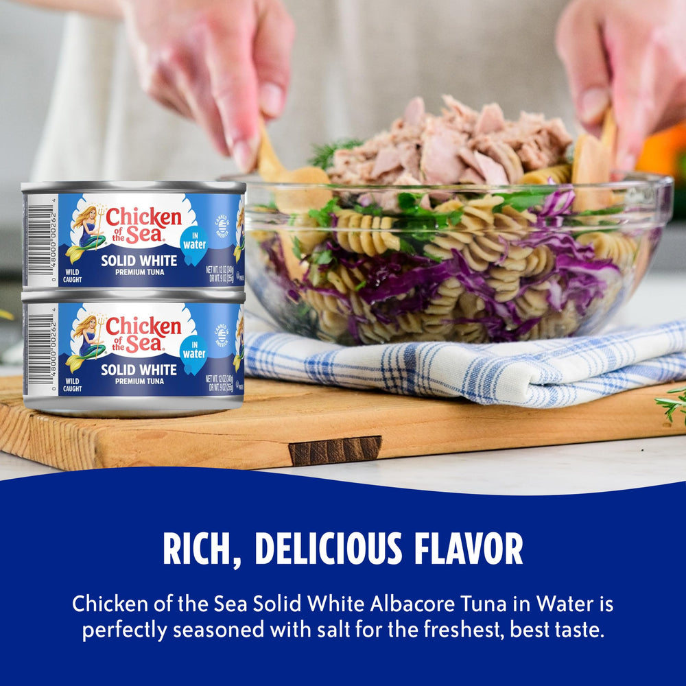 Canned albacore tuna water product on kitchen counter—ready-to-eat convenience.