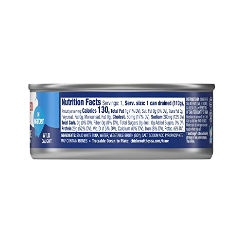 Chicken of the Sea tuna in water back label highlights protein-rich nutrition