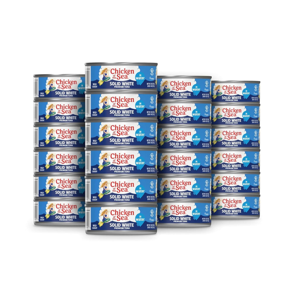 Chicken of the Sea wild caught albacore tuna in water front label shows premium solid filet