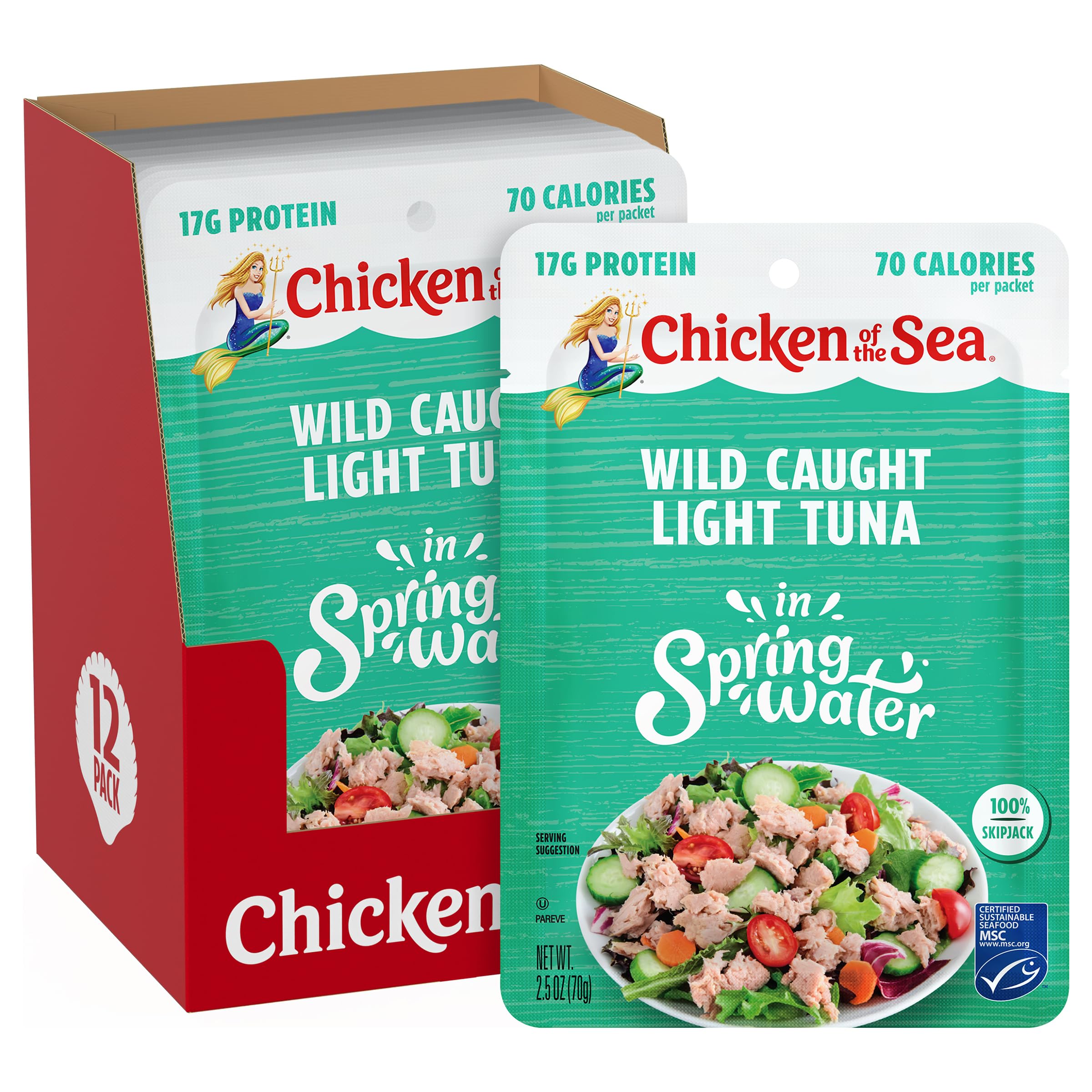 Chicken of the Sea wild caught tuna in spring water in convenient pouches.
