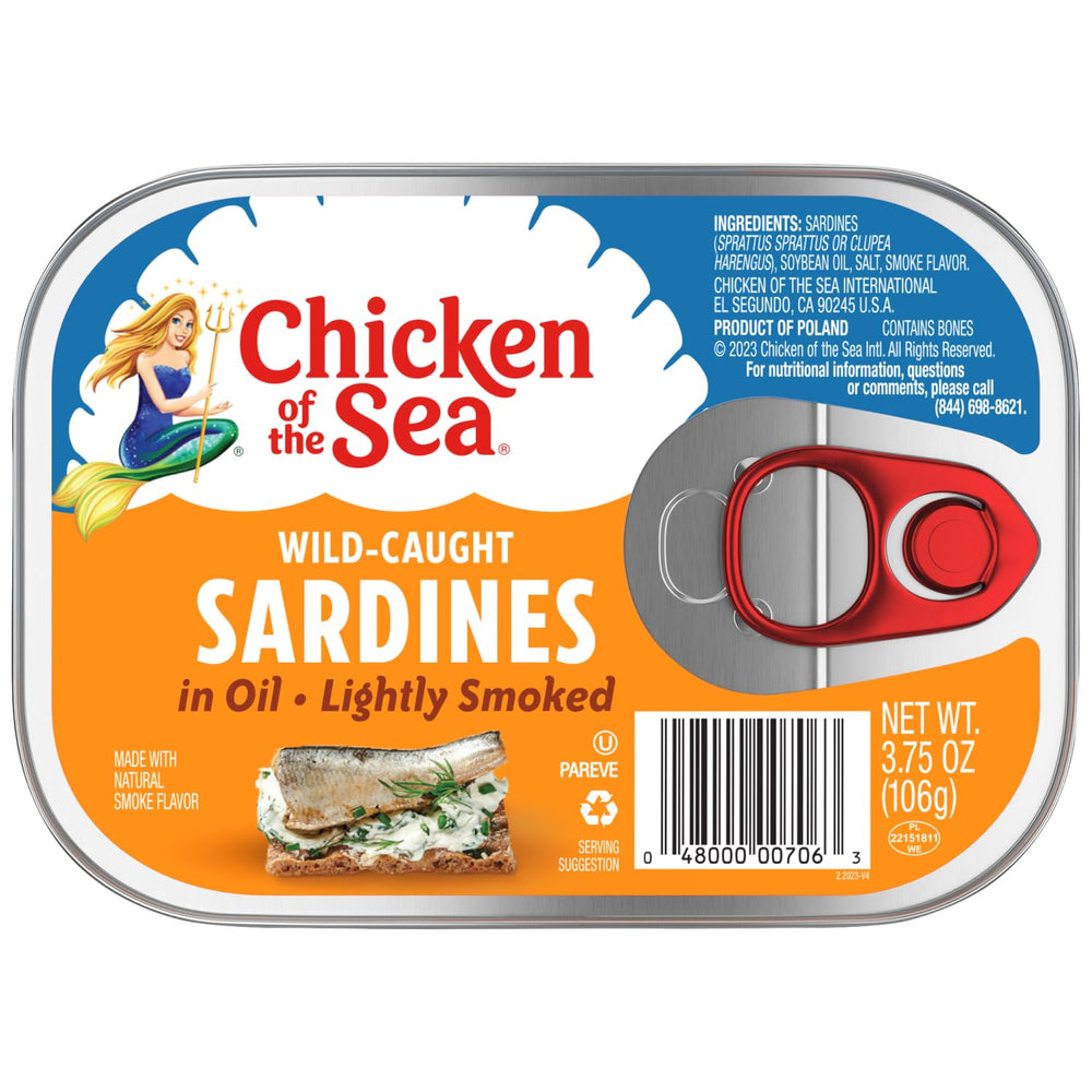 Chicken of the Sea sardines in oil highlighting omega-3 and calcium
