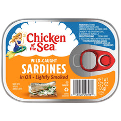 Chicken of the Sea sardines in oil highlighting omega-3 and calcium