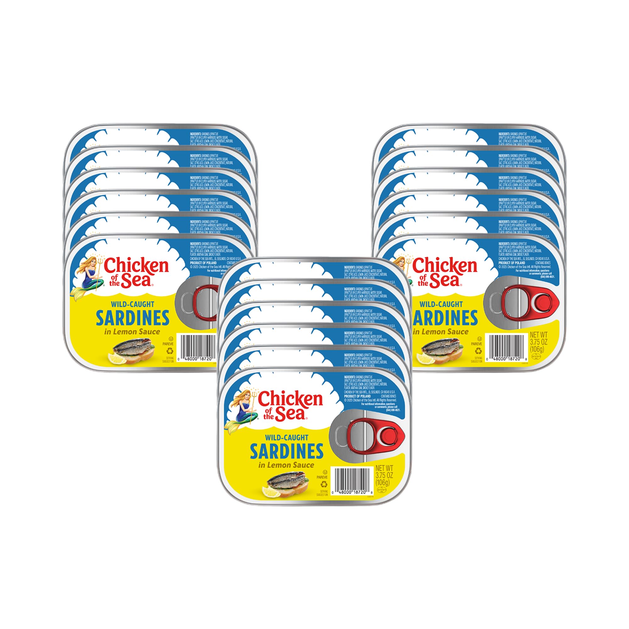 Chicken of the Sea wild-caught sardines in lemon sauce can, high-protein meal booster.