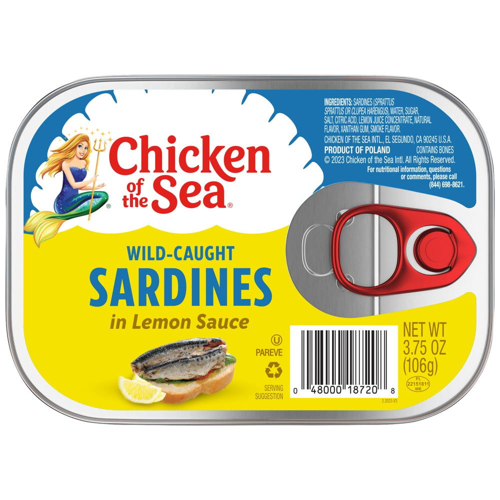 Chicken of the Sea wild-caught sardines with lemon sauce on a plate, perfect topping.