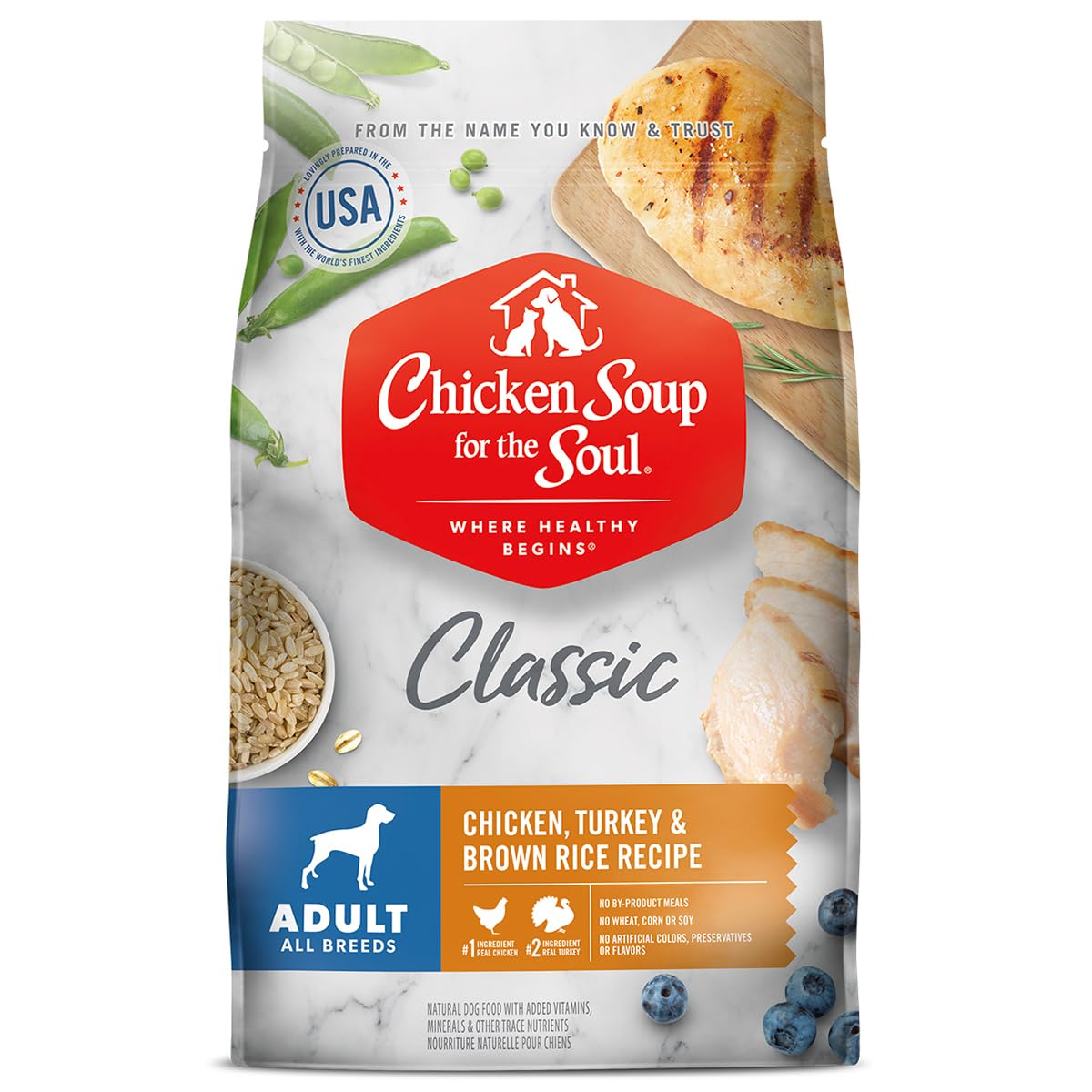 Chicken Soup for the Soul all-natural dry dog food bag highlights real meat first ingredient for daily meals