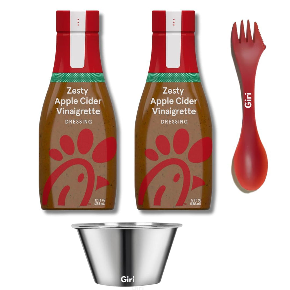 Chikfila Zesty Apple Vinaigrette bottles show bright dressing for salads.