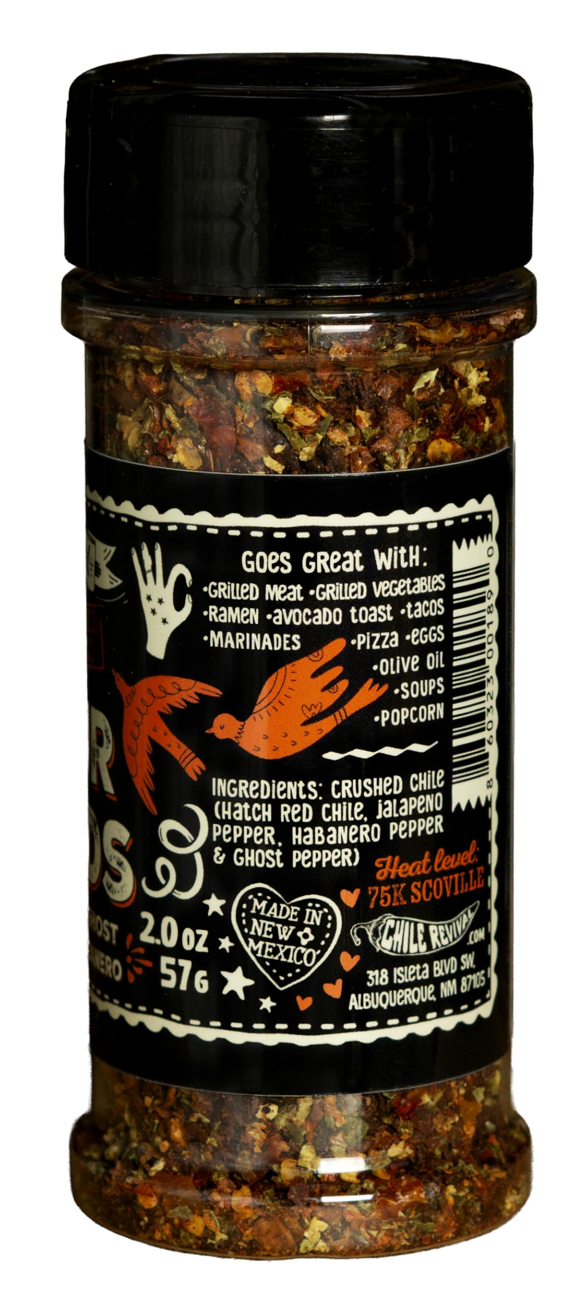 Chile Revival The Four Winds Habanero Flake dusting boosts vibrant heat and aroma.