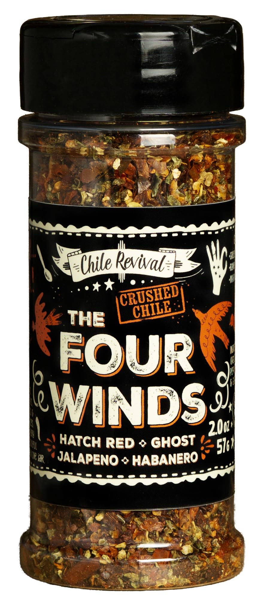Chile Revival The Four Winds Hatch Red Chile Flake pour adds bold flavor to roasted meats.