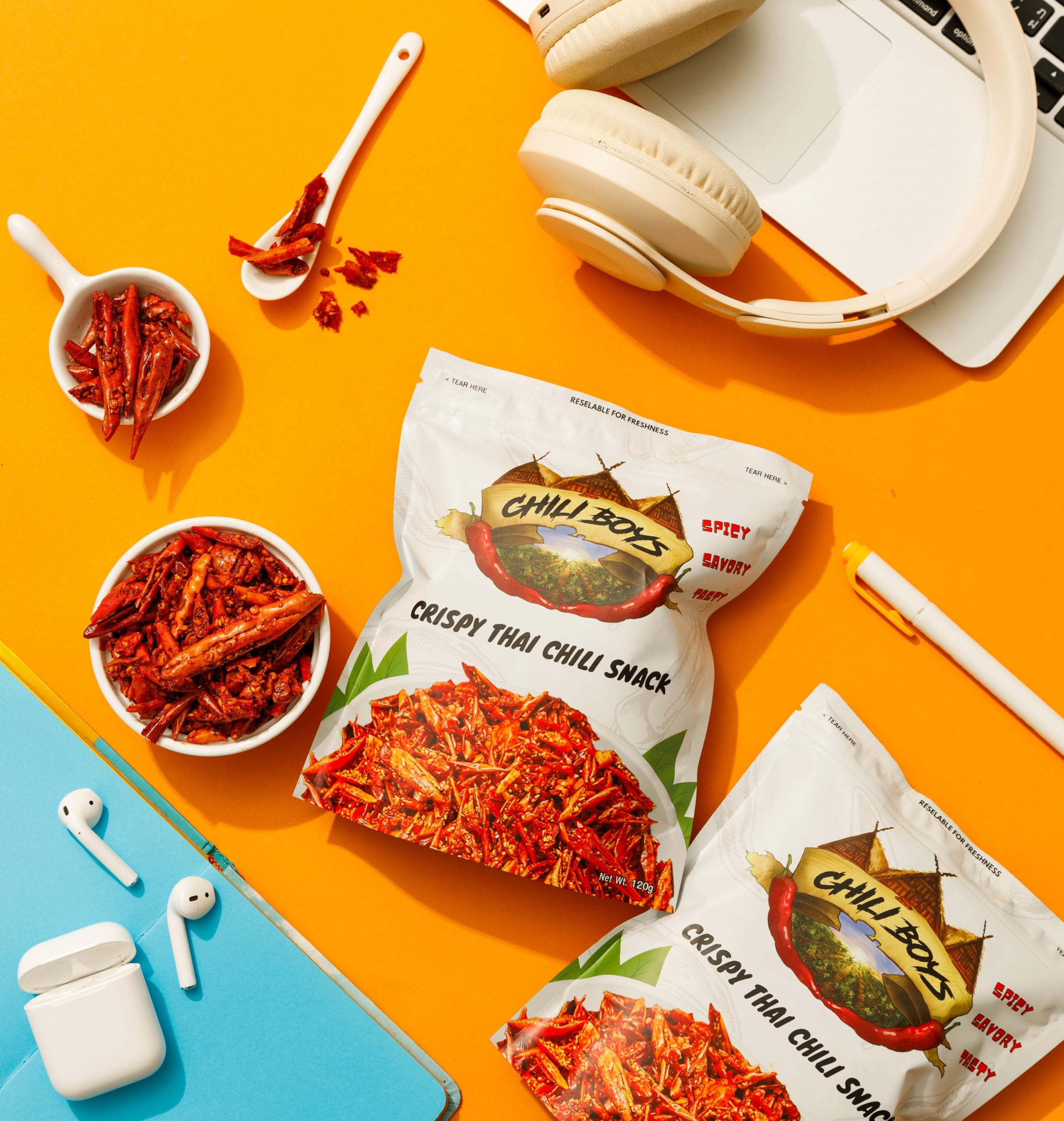 Chili Boys Spicy Crunchy Chili Crisps bag sealed, keeps freshness for on-the-go snacking.