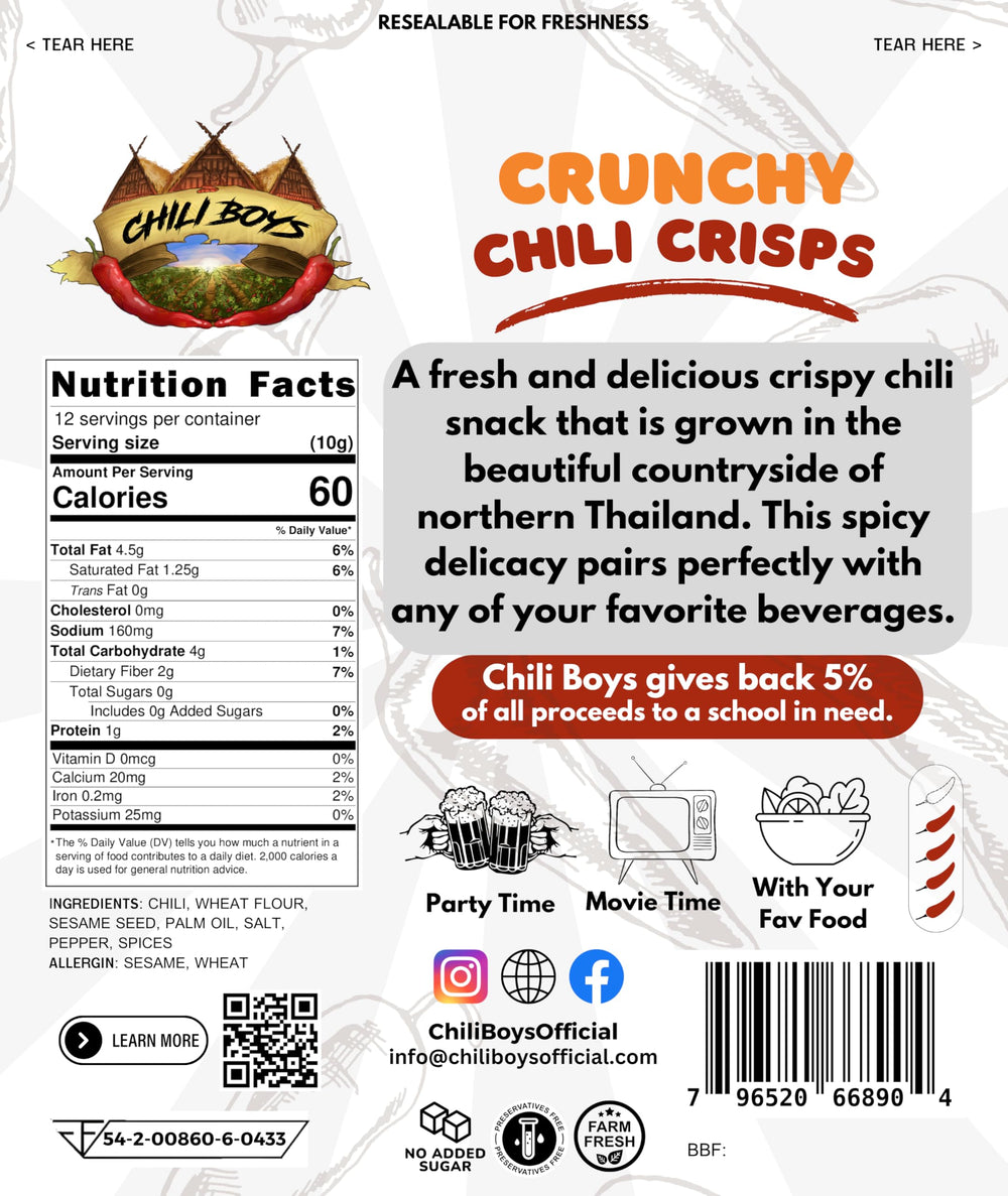 Chili Boys Spicy Crunchy Chili Crisps close-up highlighting crispy texture and sesame for bold snacking.
