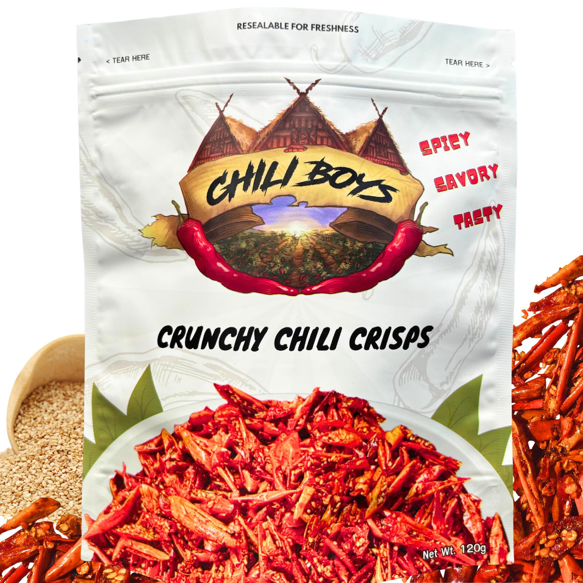 Chili Boys Spicy Crunchy Chili Crisps pack shot, ready-to-eat spicy snack in a resealable bag.