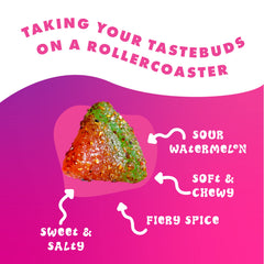Chili Chews Watermelon Bites close-up reveals juicy texture and vibrant color.