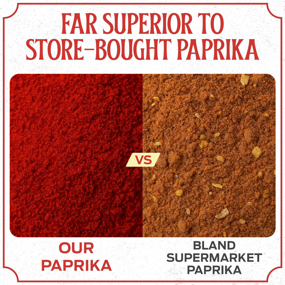 CHILI-TRADE Hungarian Sweet Paprika powder in spoon for vibrant color in dishes.