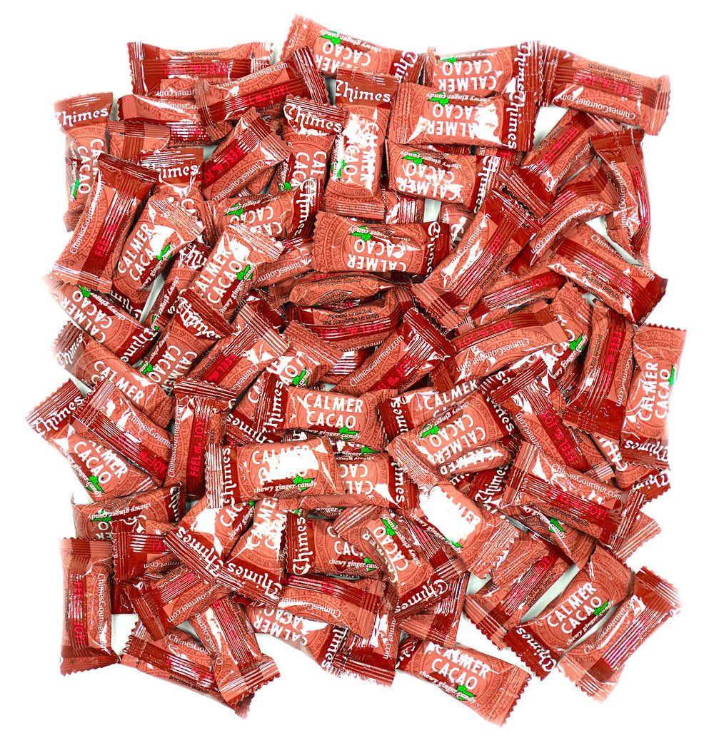 Chimes Calmer Cacao ginger chews in a bag showing calming, chocolate-ginger flavor