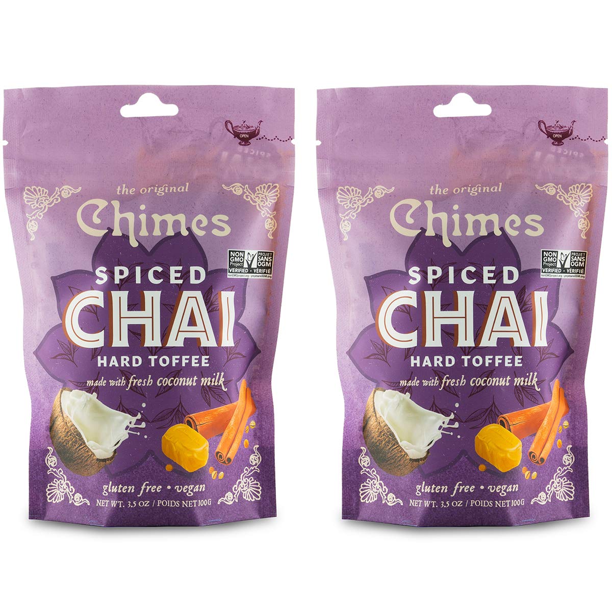 Chimes Coconut Spiced Chai Toffee Pack 2 wrapped, convenient snack for on-the-go
