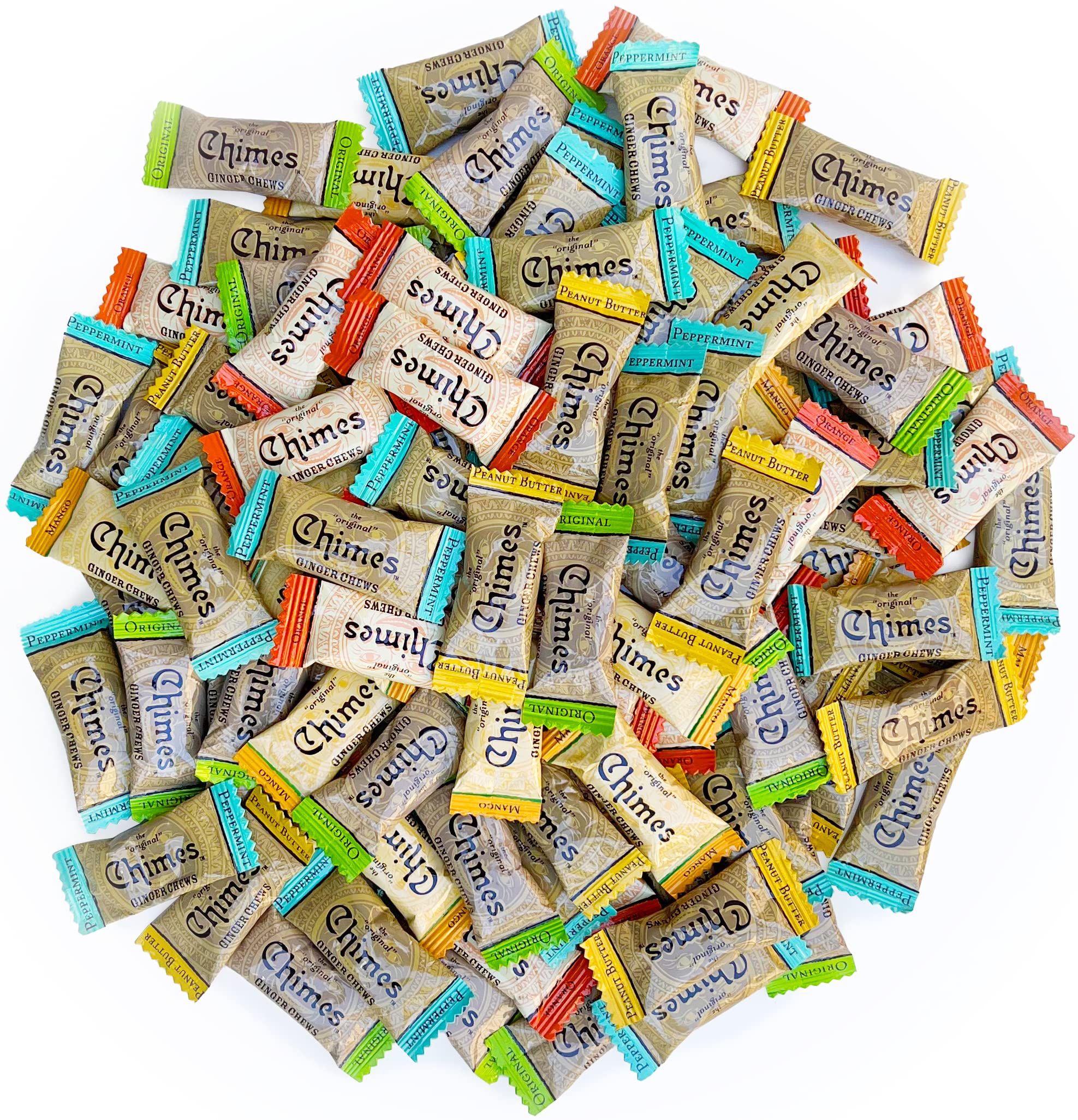 Chimes Ginger Chews 1lb variety bag front label showing assorted flavors for easy snacking.
