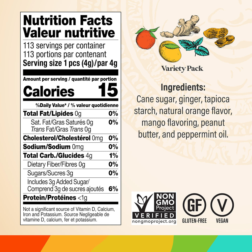 Chimes Ginger Chews 1lb variety bag display spread highlighting convenient, shareable treats.