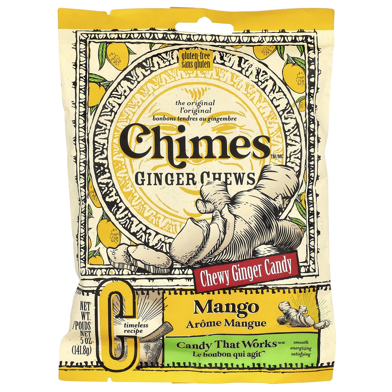 Chimes ginger mango chews pack view, convenient on-the-go candy for an energy lift