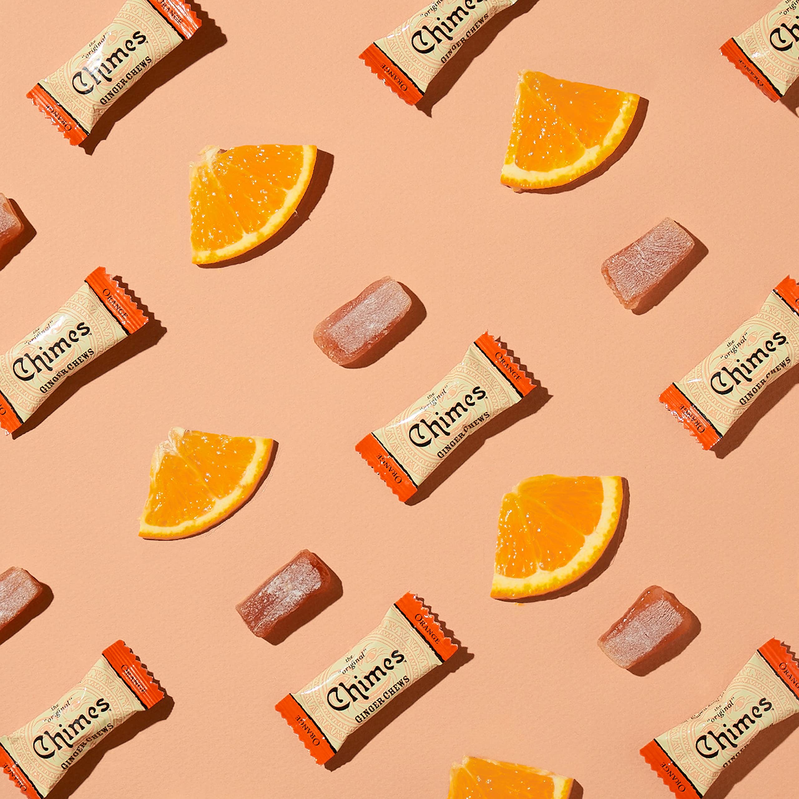 Chimes orange ginger chews close-up shows glossy texture and brightness.