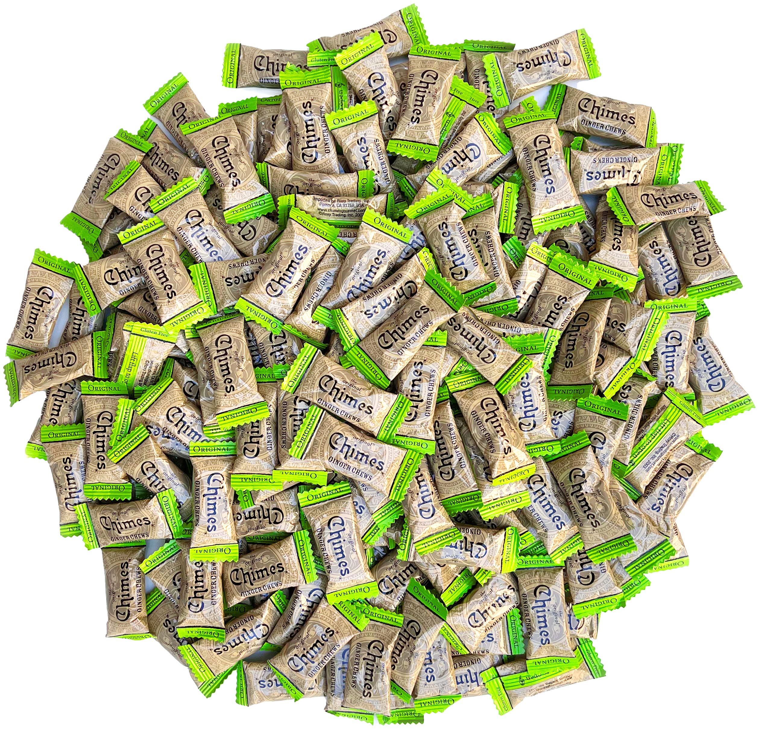 Chimes Original Ginger Chews front view bag highlighting bold ginger flavor and bulk value.
