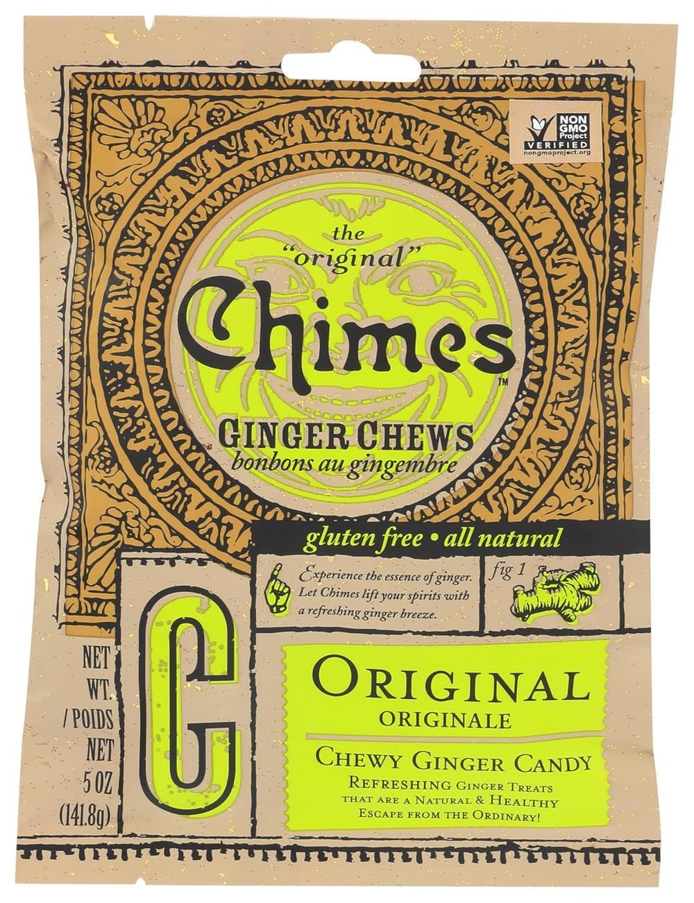 Chimes Original Ginger Chews 5oz pack for on-the-go snacking.
