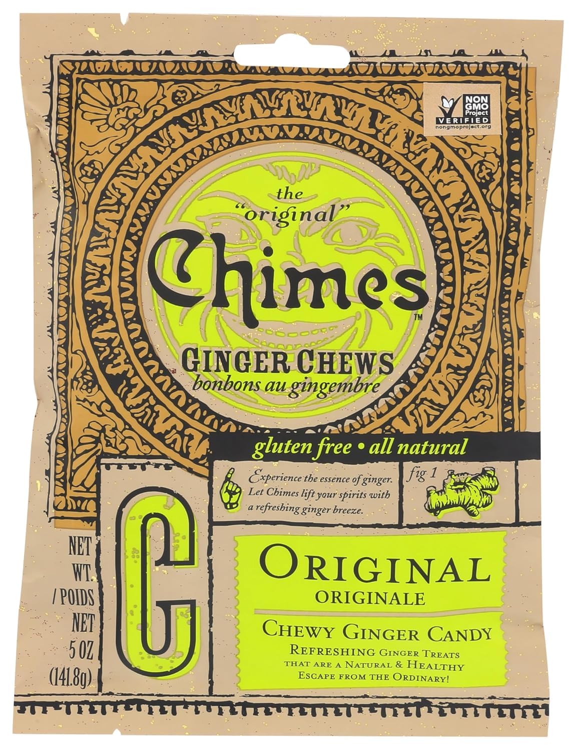 Chimes Original Ginger Chews 5oz pack for on-the-go snacking.