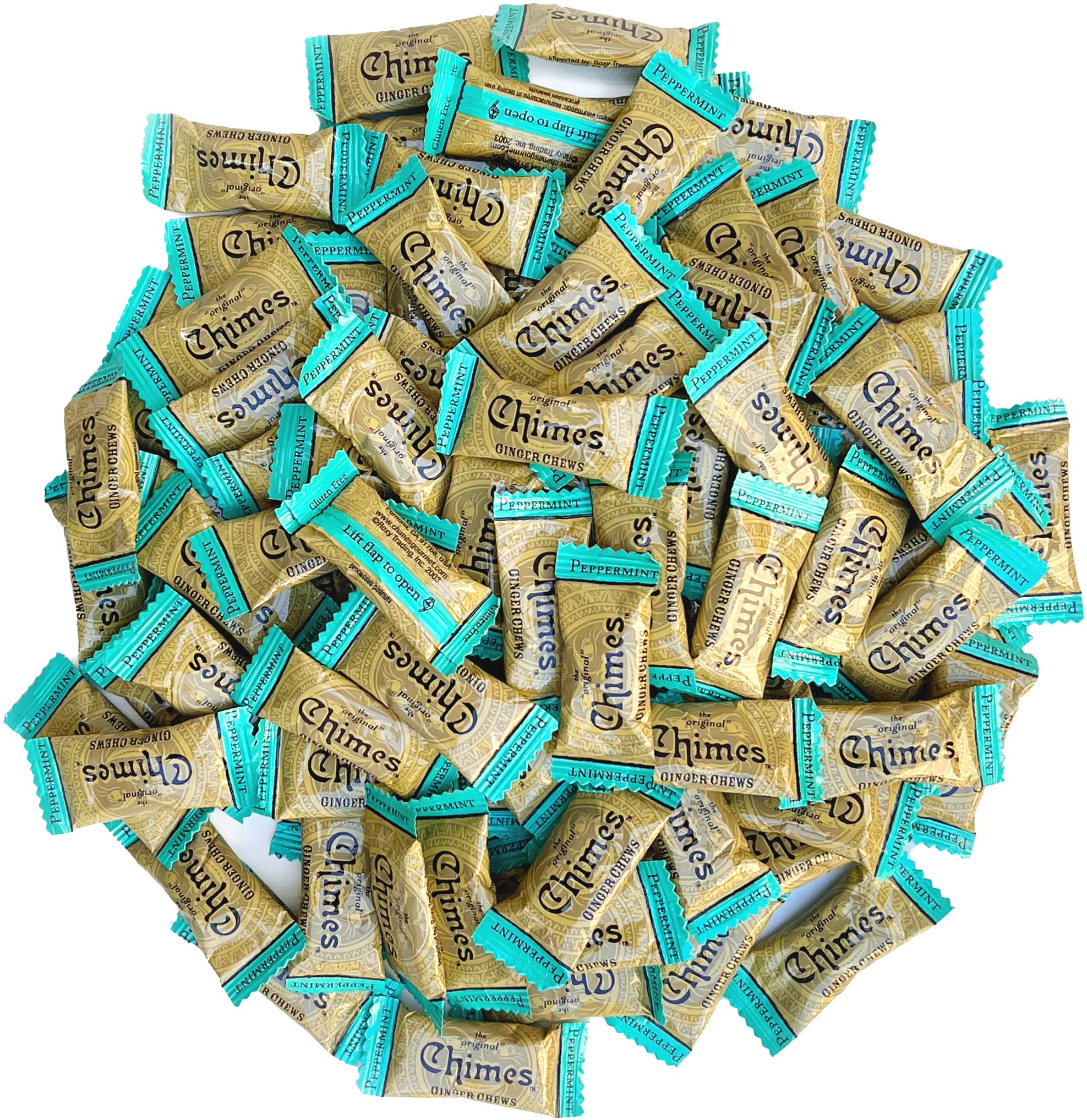 Chimes Peppermint Ginger Chews bag close-up for travel-friendly snacking