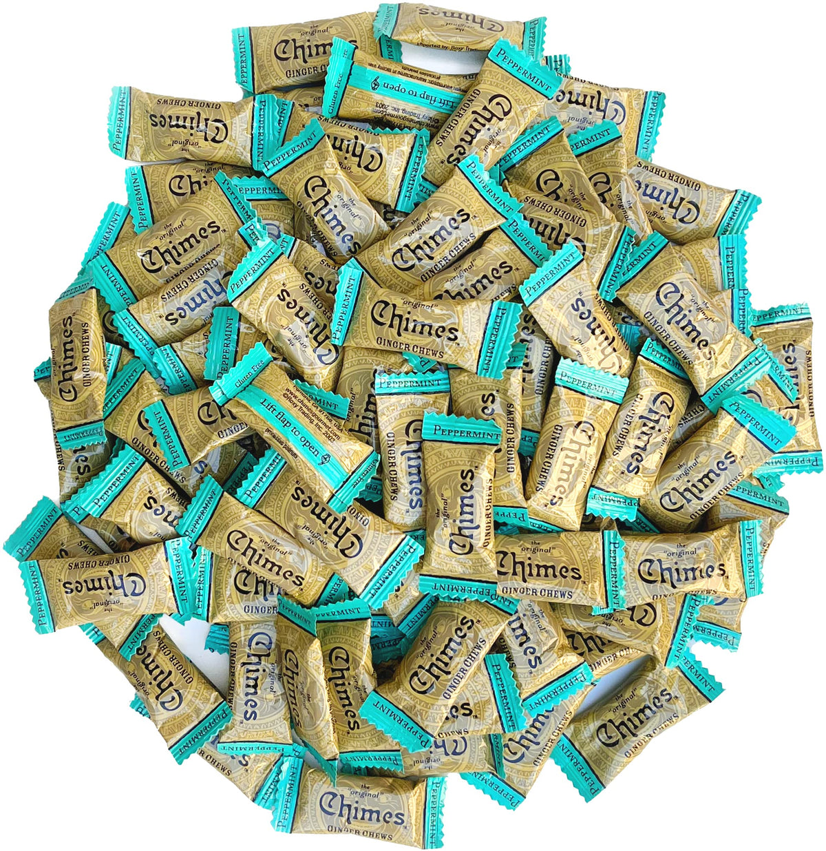 Chimes Peppermint Ginger Chews bag close-up for travel-friendly snacking