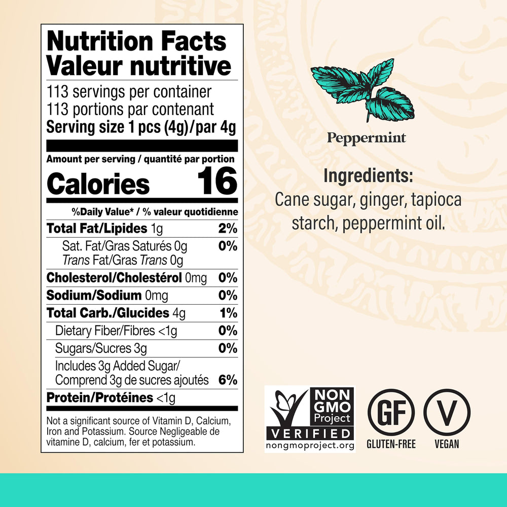 Chimes Peppermint Ginger Chews packaging close-up highlights natural ingredients