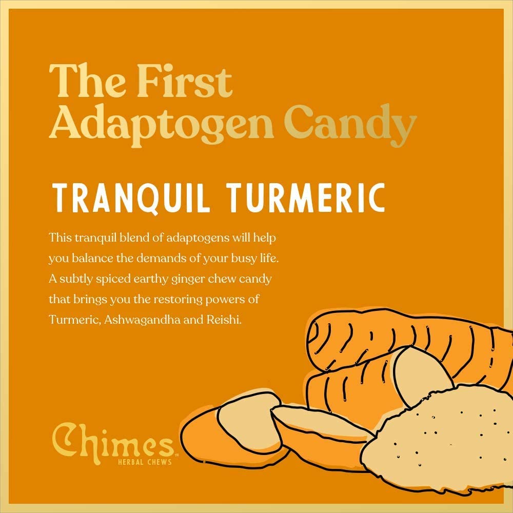 Chimes Tranquil Turmeric ginger chews bag closeup shows ginger zing and turmeric color