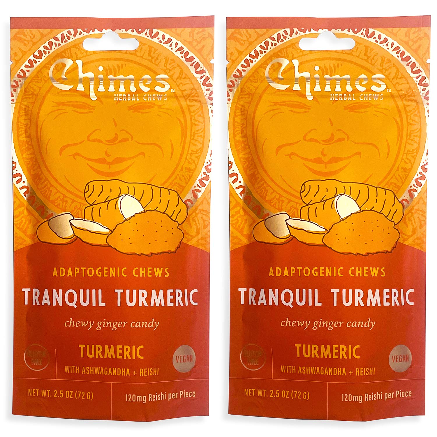 Chimes Tranquil Turmeric Ginger Chews pack front for mood support on the go.