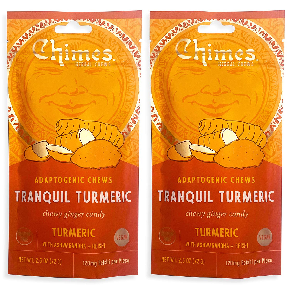 Chimes Tranquil Turmeric Ginger Chews pack front for mood support on the go.