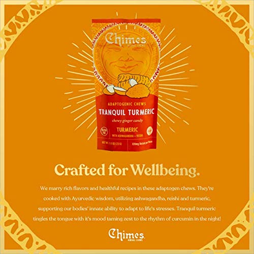 Chimes Tranquil Turmeric Ginger Chews vegan gluten-free badge shown.