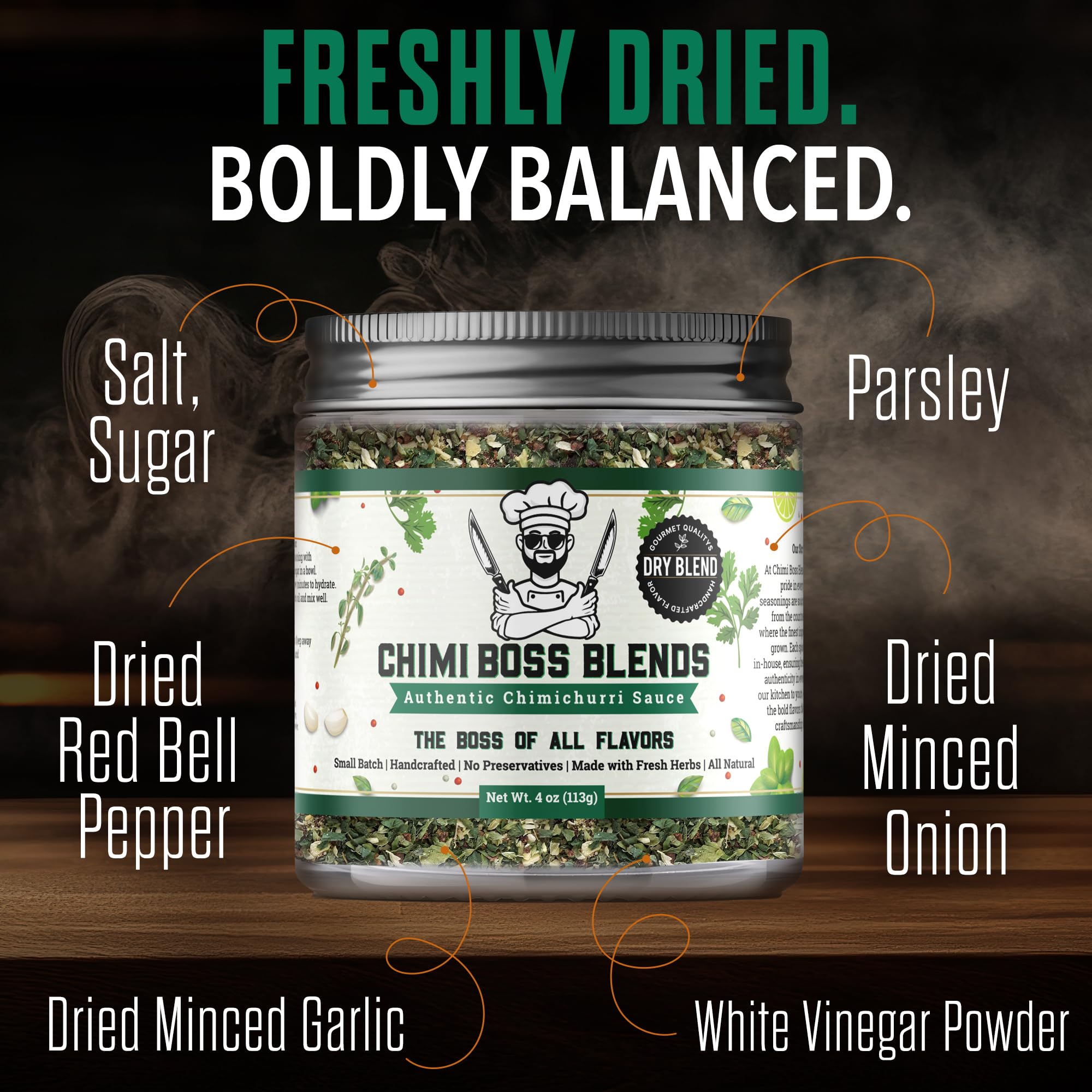 Chimi Boss Blends Chimichurri Original bottle back highlights ingredients and usage.
