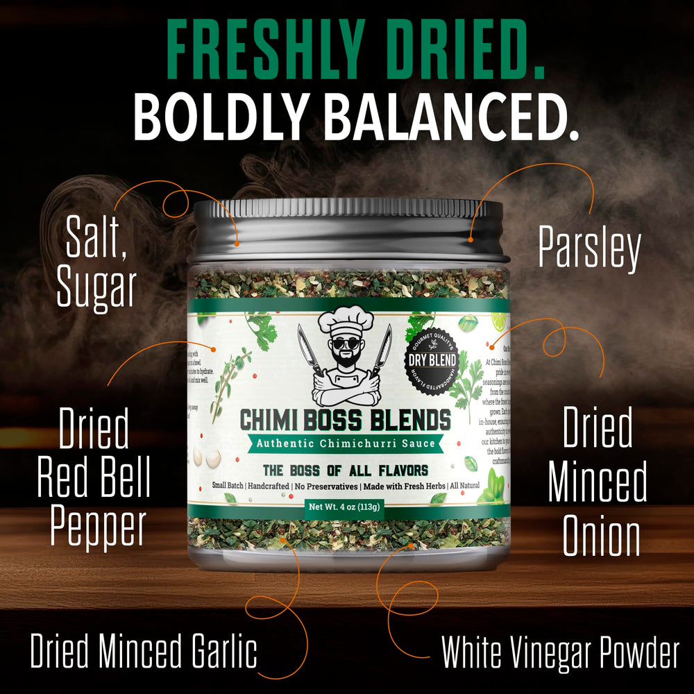Chimi Boss Blends Chimichurri Original bottle back highlights ingredients and usage.