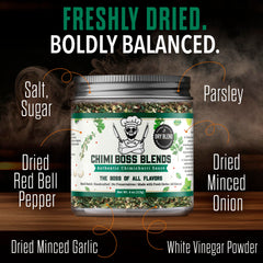 Chimi Boss Blends Chimichurri Original bottle back highlights ingredients and usage.