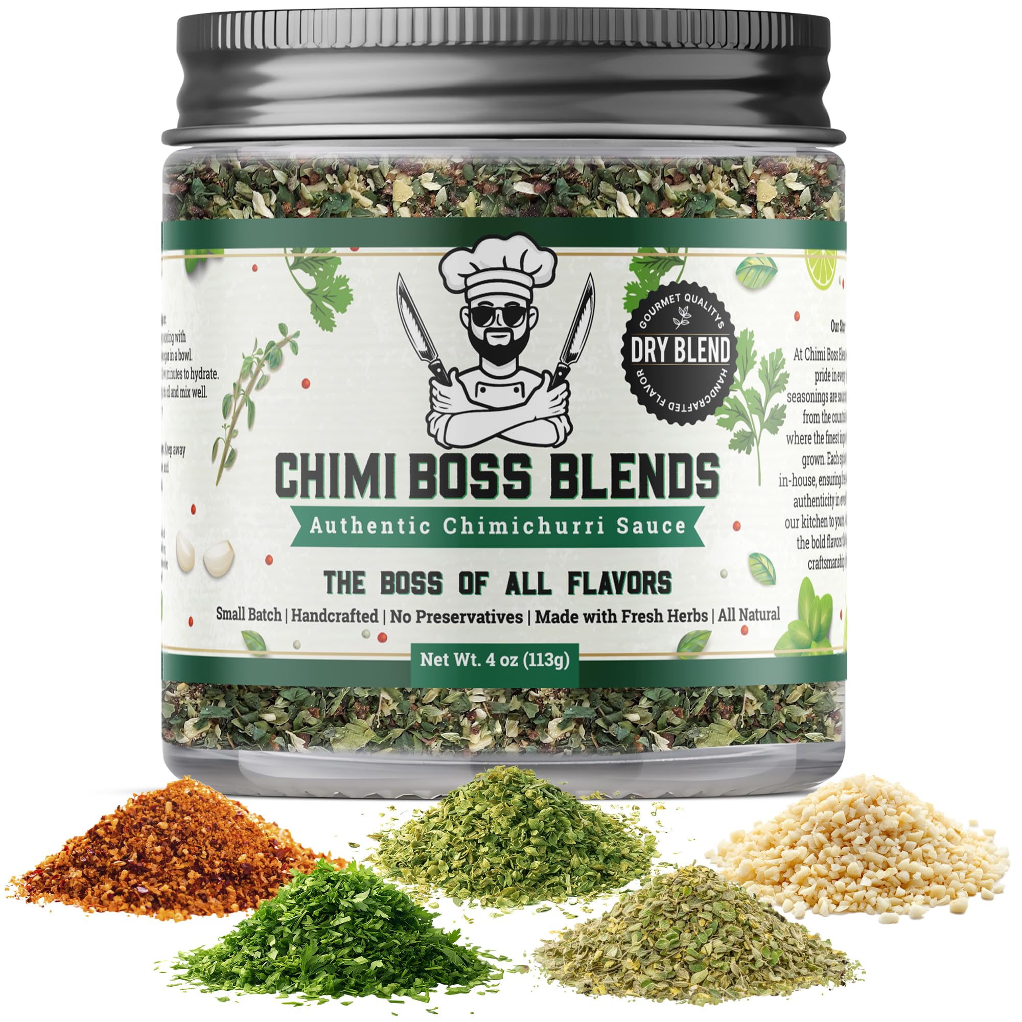 Chimi Boss Blends Chimichurri Original bottle front shows bold herb flavor for grilling.