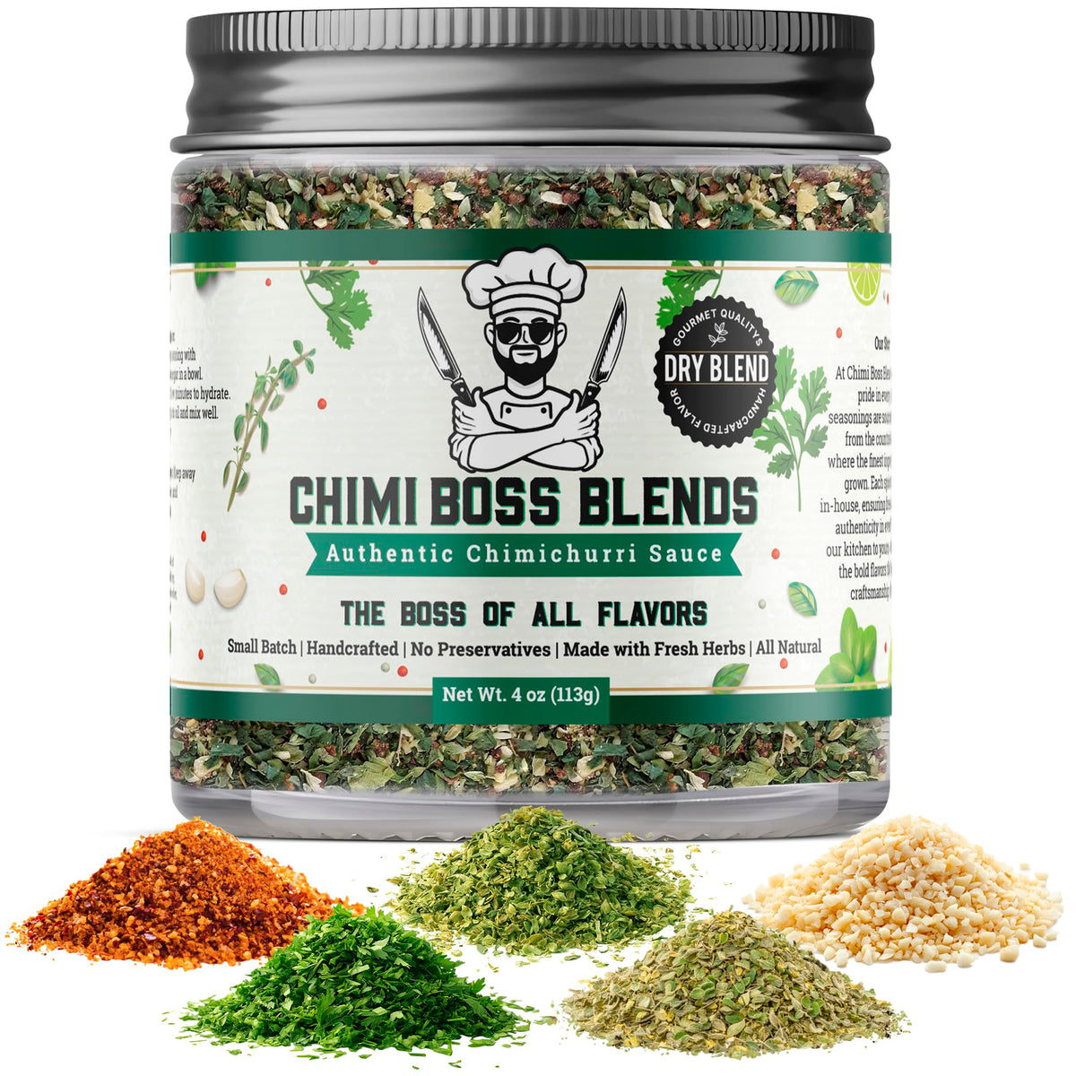 Chimi Boss Blends Chimichurri Original bottle front shows bold herb flavor for grilling.