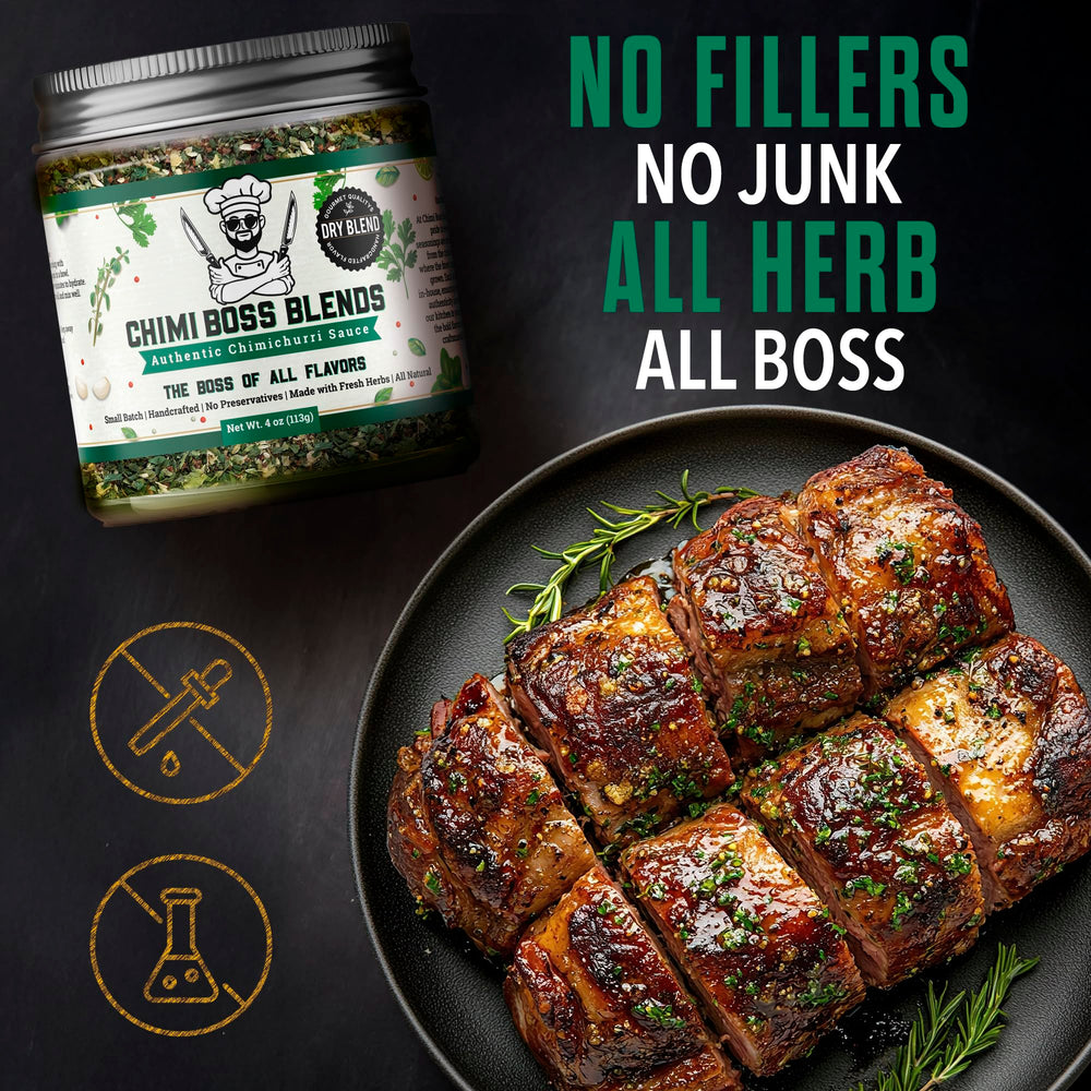 Chimi Boss Blends Chimichurri Original quick DIY green sauce with oil and vinegar.