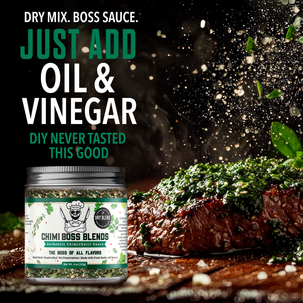 Chimi Boss Blends Chimichurri Original close-up of parsley, garlic, and chili flakes.