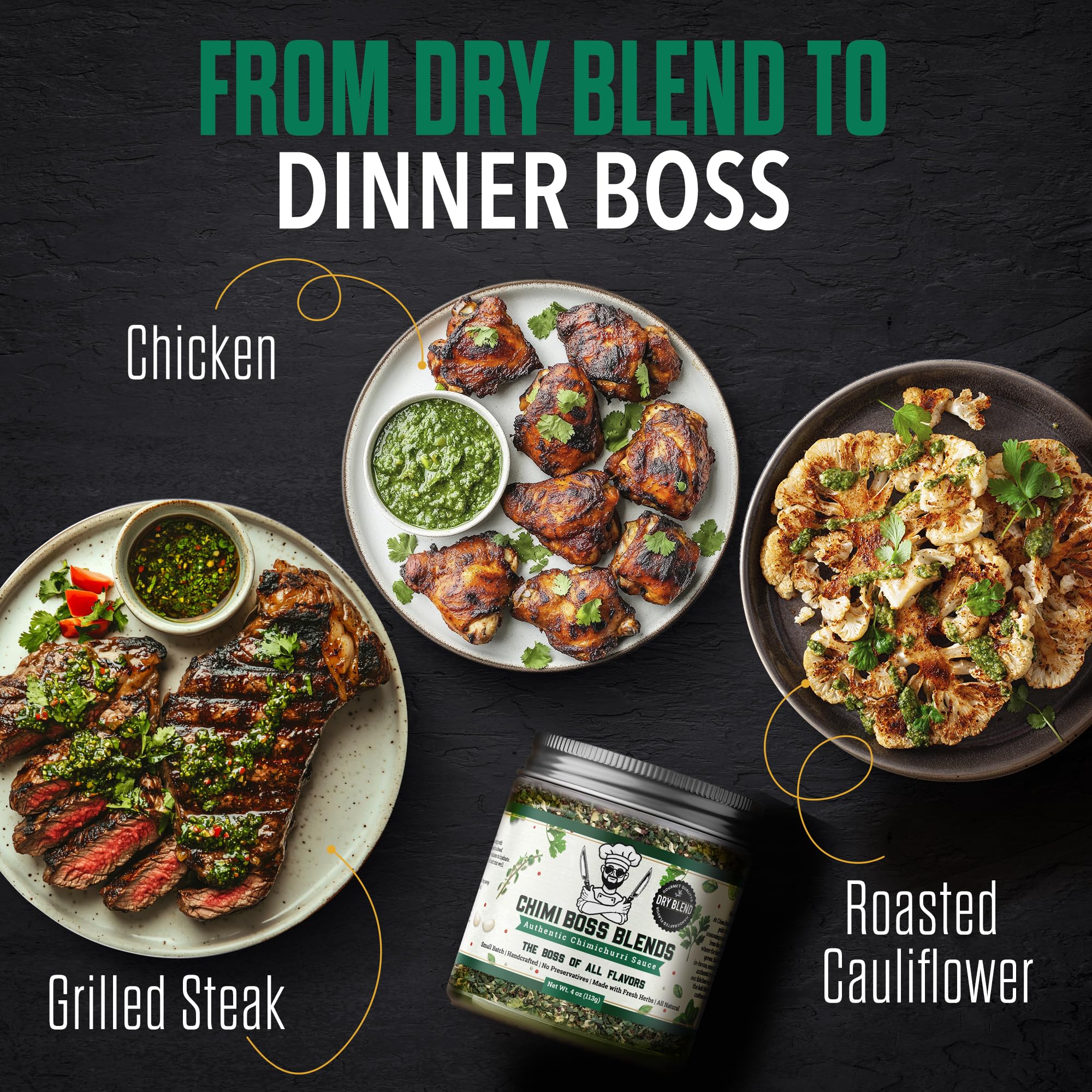 Chimi Boss Blends Chimichurri Original rub texture on steak for grilling.