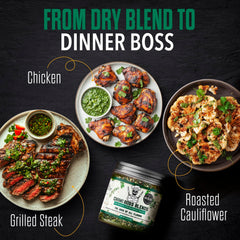 Chimi Boss Blends Chimichurri Original rub texture on steak for grilling.
