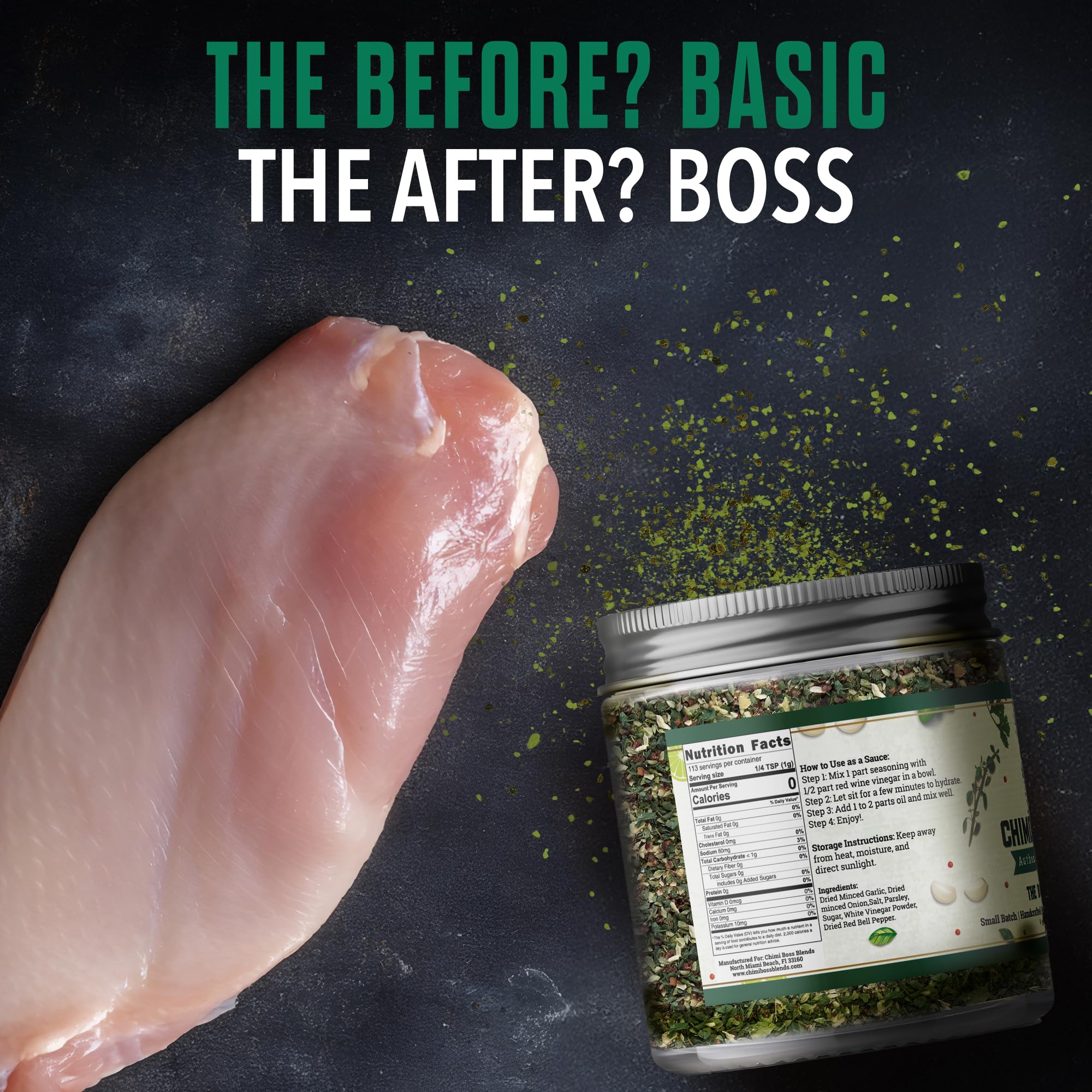 Chimi Boss Blends Chimichurri Original serving on vegetables for a bright finish.