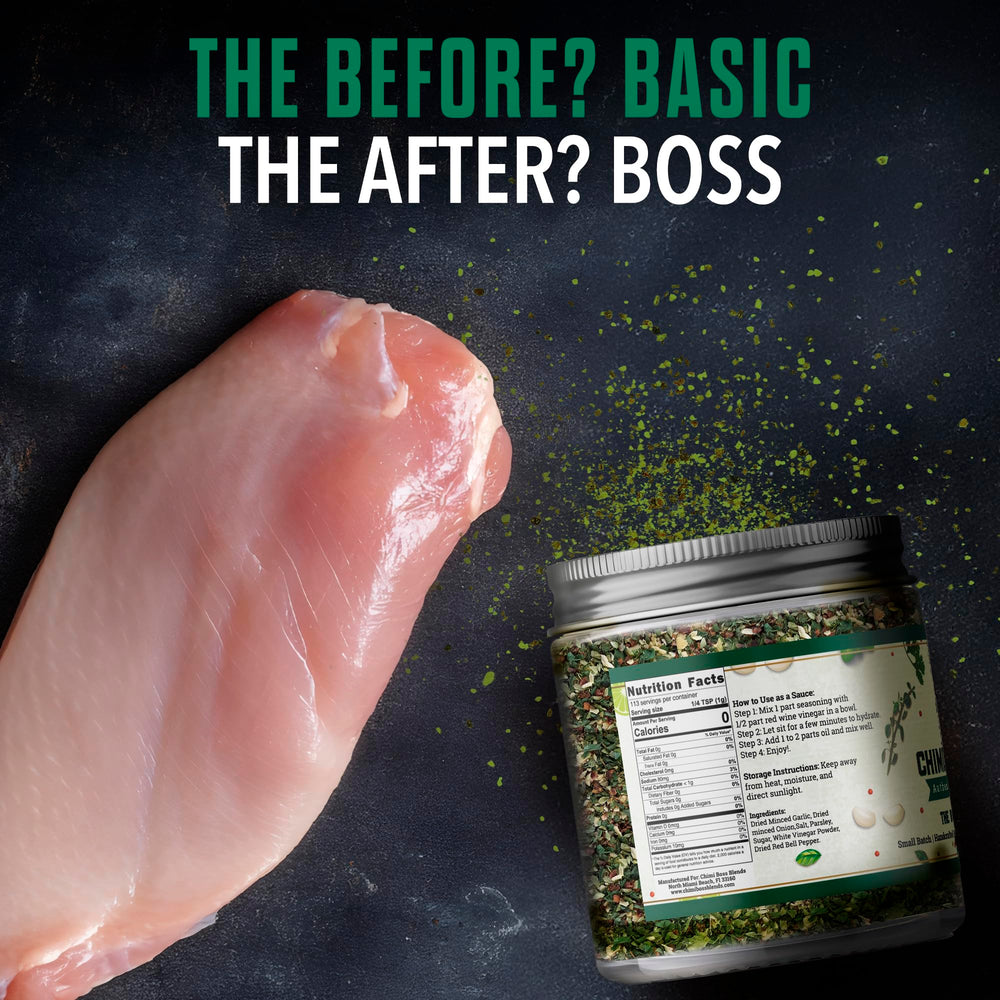 Chimi Boss Blends Chimichurri Original serving on vegetables for a bright finish.