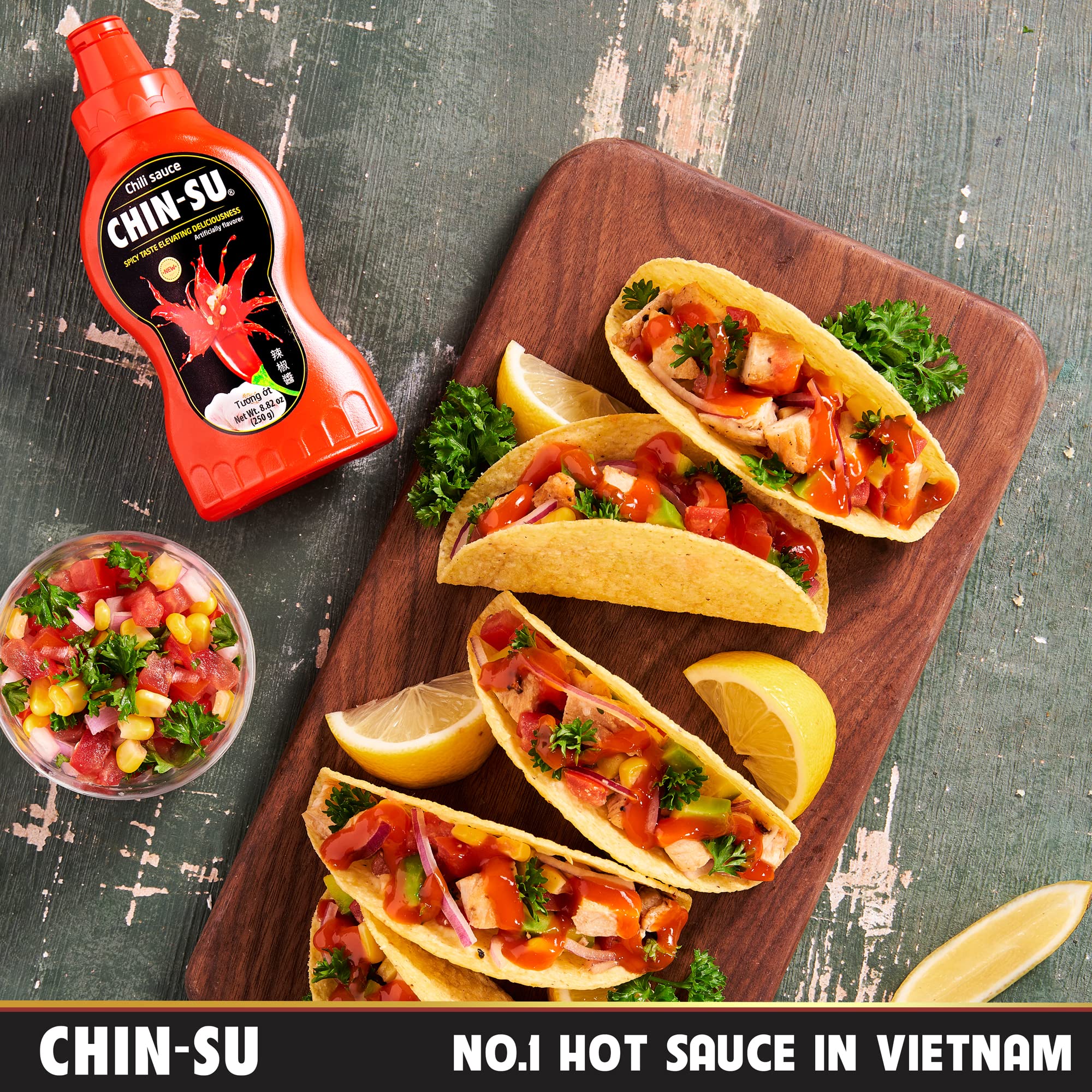 CHIN-SU ingredients close-up: chili and garlic create bold aroma.